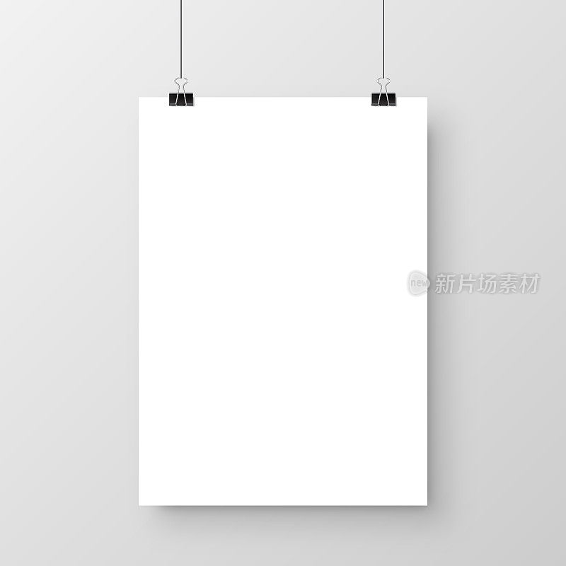 Realistic hanging blank paper sheet with shadow in A4 format and black paper clip, binder on gray background. Design poster, template or mockup. Vector illustration